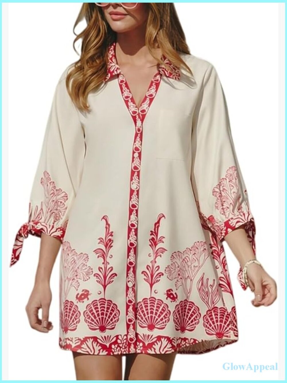 Oversized Mini Dress 3/4 Sleeve V-Neck Button Down A-Line Summer Coverup